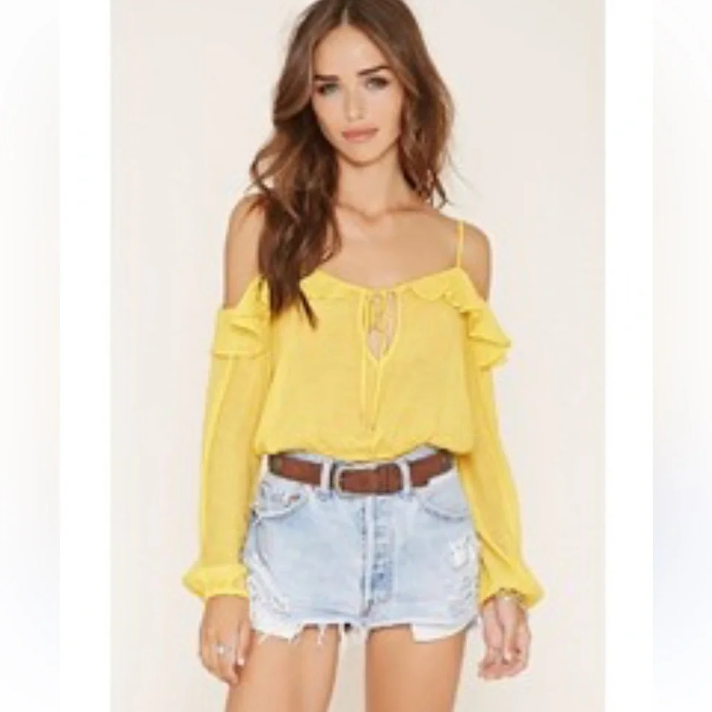 Forever 21‎ | Cold Shoulder Ruffle Keyhole Peasant Cropped Blouse Yellow